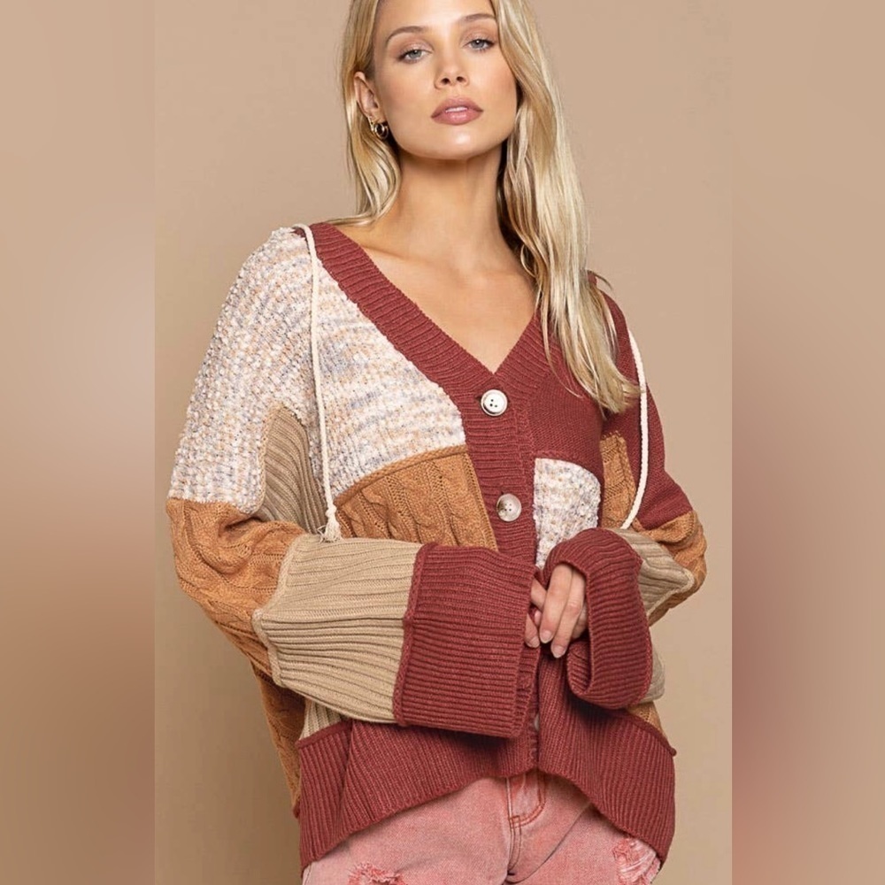 POL Oversized Chunky Brick and Camel Hooded Sweater